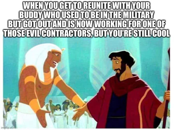 Two animated characters greet each other beneath text about reuniting with a former military friend now working for a contractor while still being cool with each other.