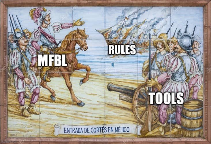 Cortés-and-burning-ships illustration labeled MFBL, Rules, and Tools.