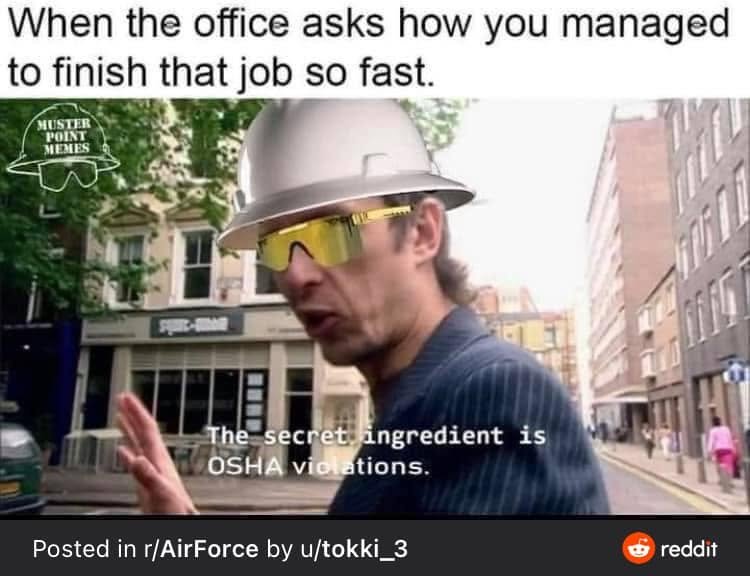Comment attachment by Tim Thulin: Hard-hat worker meme: when asked how a job was finished so fast, the secret ingredient is OSHA violations; screenshot includes a Reddit attribution.