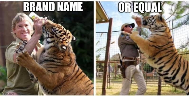 Two photographs of men tending or holding tigers, labeled BRAND NAME and OR EQUAL.
