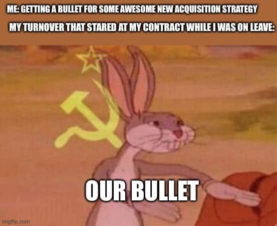 A cartoon rabbit over a Soviet flag says OUR BULLET beneath text about an acquisition-strategy achievement and a turnover who watched the contract during leave.