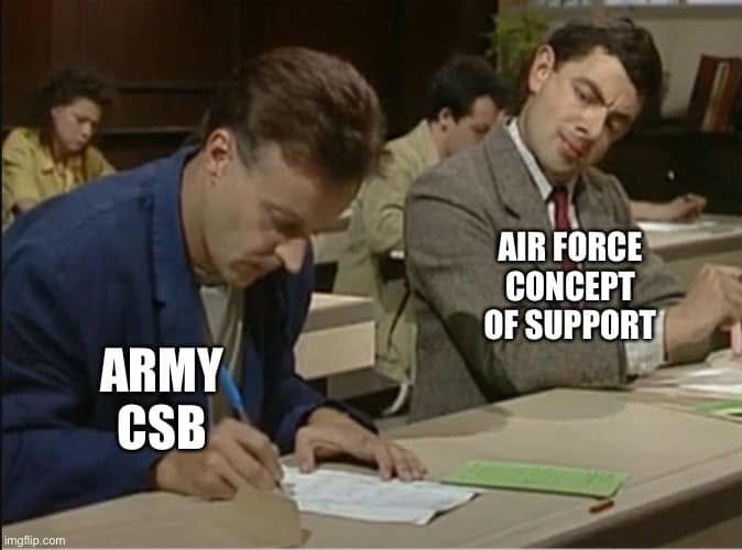 Mr Bean exam-copying scene labels the diligent student Army CSB and the peeking student Air Force Concept of Support.