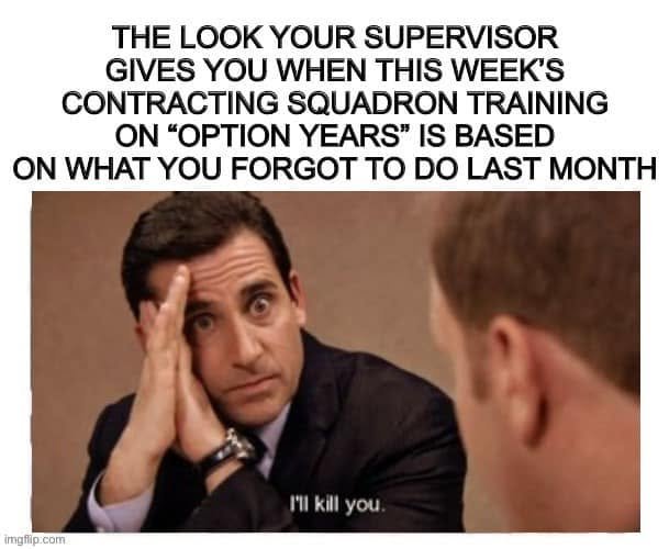 A sitcom office scene illustrates the supervisor’s look when option-year training is based on something the employee forgot last month.