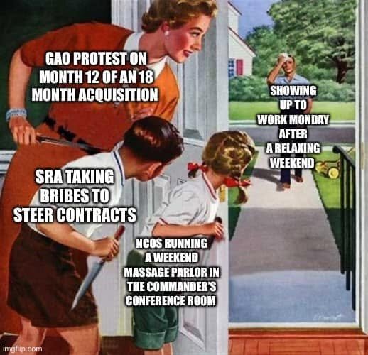 A returning worker is greeted by three satirical crises: a GAO protest late in an acquisition, contract-steering bribes, and a weekend massage parlor in the commander’s conference room.