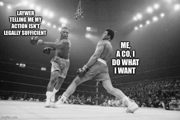 A boxer labelled as a contracting officer dodges a punch labelled as a lawyer saying the action is not legally sufficient.