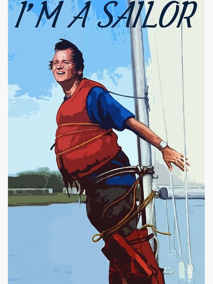 Comment attachment by Dan Cary: A stylized film scene of a man tied to a sailboat mast beneath I’M A SAILOR.
