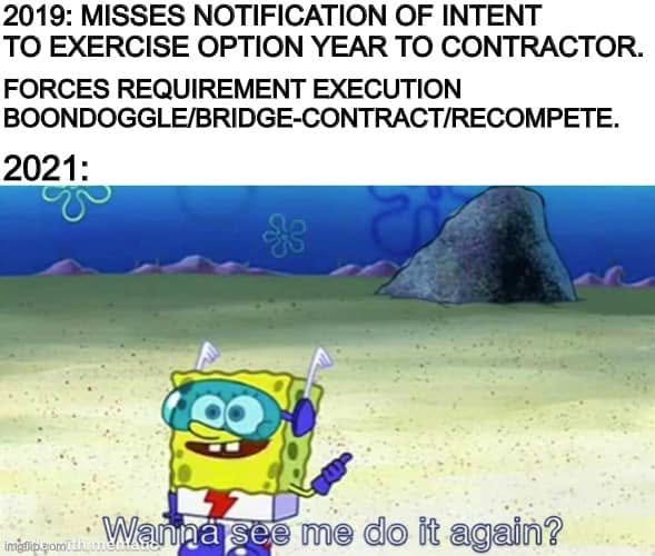Text describes a missed option-year notice in 2019 causing a bridge-contract or recompetition problem; SpongeBob in 2021 asks Wanna see me do it again?