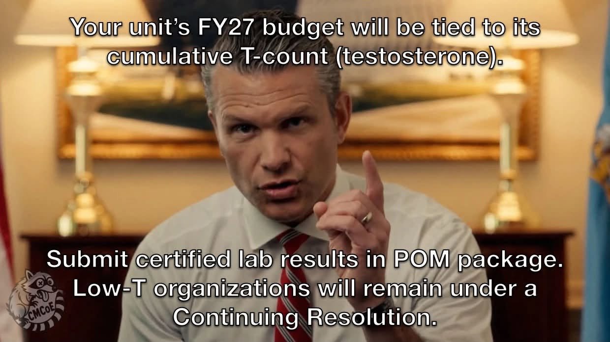 Budget satire over an office photograph: Your unit's FY27 budget will be tied to its cumulative T-count (testosterone). Submit certified lab results in POM package. Low-T organizations will remain under a Continuing Resolution.