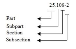 Comment attachment by Dan Cary: Diagram identifying part, subpart, section and subsection in the example citation 25.108-2.