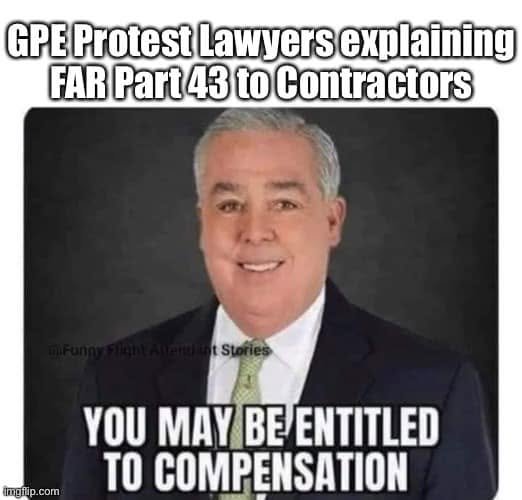 A smiling legal-advertisement figure appears under GPE protest lawyers explaining FAR Part 43 to contractors, with You may be entitled to compensation.