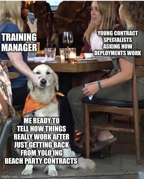 Dog waiting beside a training manager and young specialists represents the returned deployer ready to explain how things really work after YOLOing beach-party contracts.