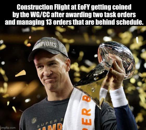 A football champion holds a trophy under text about Construction Flight getting coined at EOFY after awarding two task orders and managing thirteen late orders.