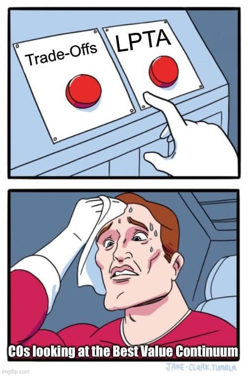 Two-button meme: Trade-Offs or LPTA. A sweating contracting officer looks at the best-value continuum.