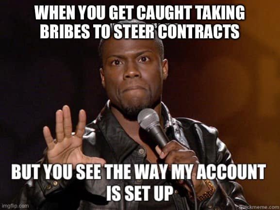 A performer gives a bank-account excuse beneath text about being caught taking bribes to steer contracts.