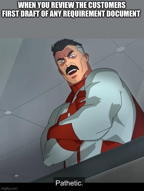 Omni-Man says Pathetic beneath “WHEN YOU REVIEW THE CUSTOMERS FIRST DRAFT OF ANY REQUIREMENT DOCUMENT.”