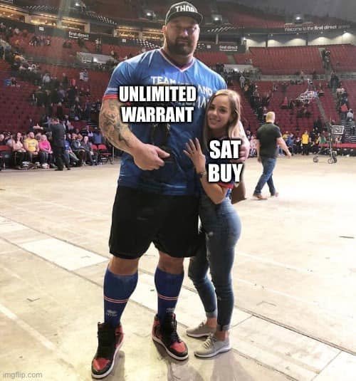 A height-contrast source photograph with a tall man labeled UNLIMITED WARRANT and a shorter woman labeled SAT BUY.