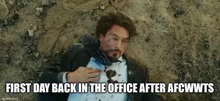 Comment attachment by Andy Knott: Tony Stark injured on the ground: “First day back in the office after AFCWWTS.”
