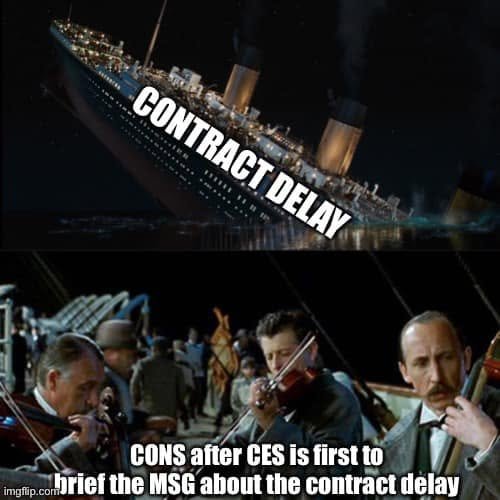 Titanic sinks under a Contract Delay label; the musicians represent CONS after CES briefs the MSG first about the delay.