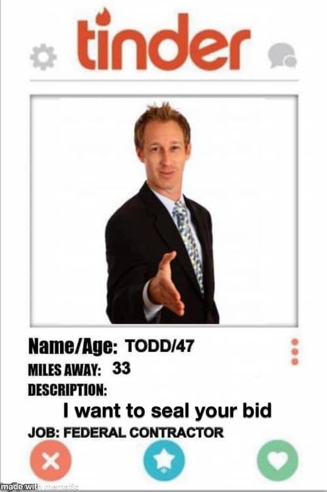 Comment attachment by Timothy Wilhelm: Parody contractor dating profile contributed by Timothy Wilhelm: “I want to seal your bid.”