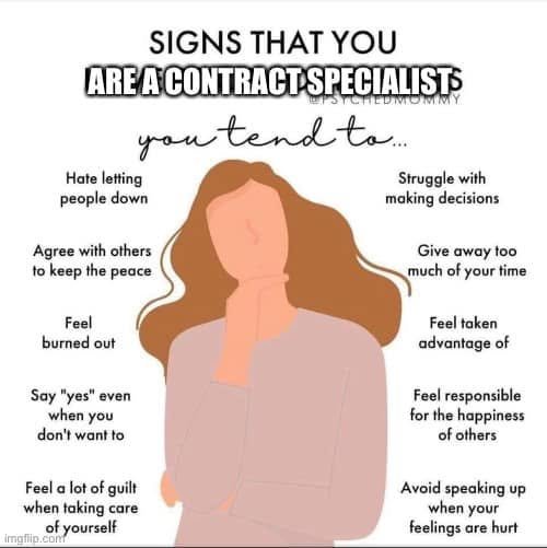 A people-pleasing traits infographic relabeled SIGNS THAT YOU ARE A CONTRACT SPECIALIST lists burnout, saying yes, guilt, and difficulty speaking up.