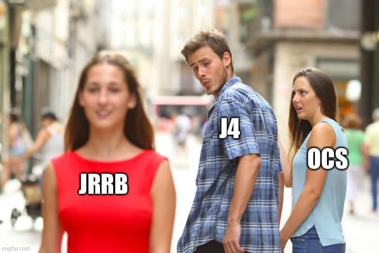 Distracted-boyfriend meme labels the man J4, the passing woman JRRB and his companion OCS.