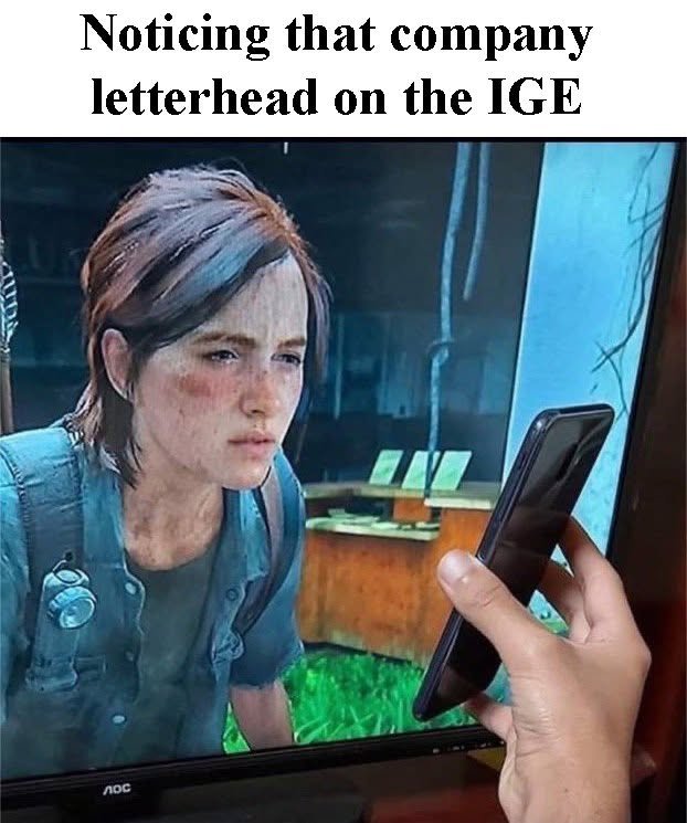 Comment attachment by Chris Fisher: A game character on a monitor appears to examine a phone under “Noticing that company letterhead on the IGE.”