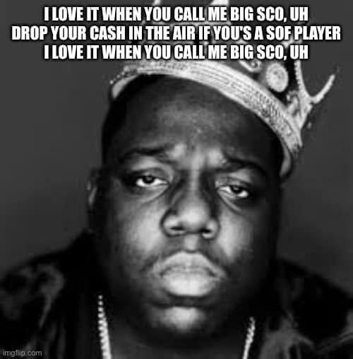 Comment attachment by Dan Cary: Crowned Notorious B.I.G. portrait with a Big SCO parody about cash and SOF.